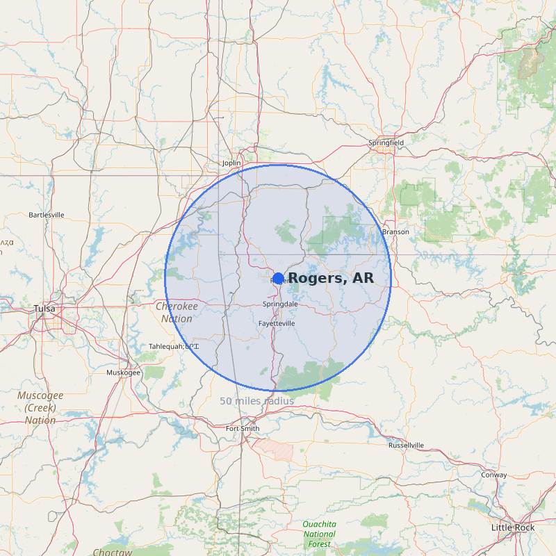 Arkansas coverage map - 50 miles